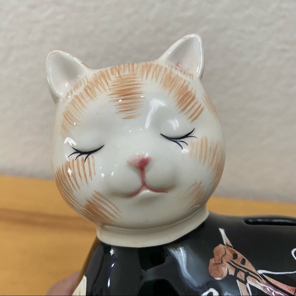 Vintage Ceramic Glazed Cat Piggy Coin Bank Musical Themed Design Violin Music - Picture 14 of 15